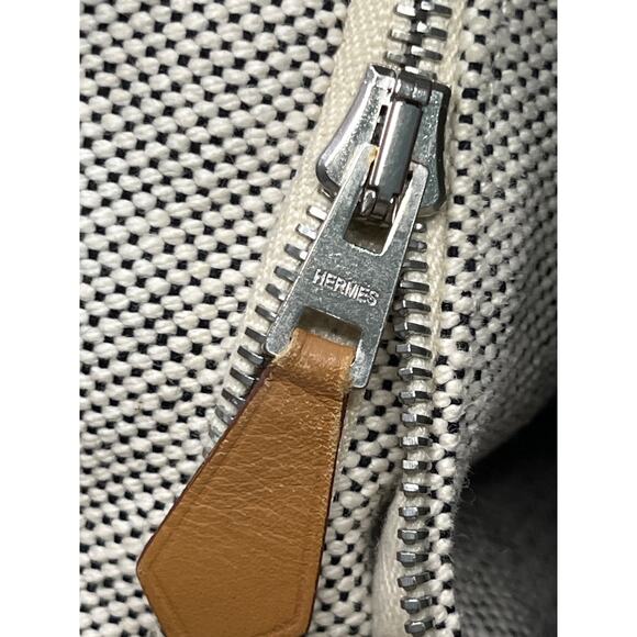 Hermès Canvas Fourre Tout MM Tote Bag Gray Stripe Web Handles Large Authentic - Picture 6 of 16